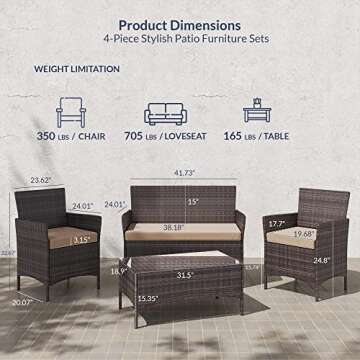 BELLEZE 4 Pieces Patio Furniture Set, Patio Rattan Conversation Sets with Durable Cushion and Temper...