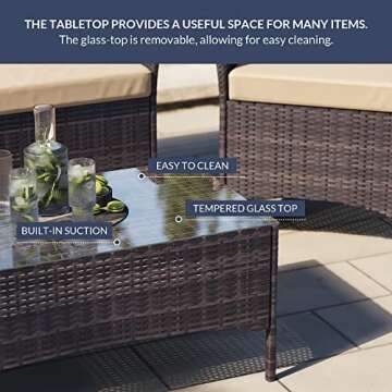 BELLEZE 4 Pieces Patio Furniture Set, Patio Rattan Conversation Sets with Durable Cushion and Tempered Glass Top Table, Outdoor Wicker Loveseat Sofa Sets for Balcony, Porch, Backyard - Brown