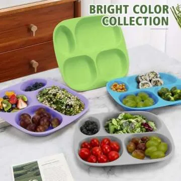 shopwithgreen Bamboo Divided Plates for Kids Adults - Dinnerware Set for Toddlers Kids Children Baby, Toddler Dinner Plates, BPA Free, Stackable, Dishwasher Safe, 9.4 inch, Set of 4