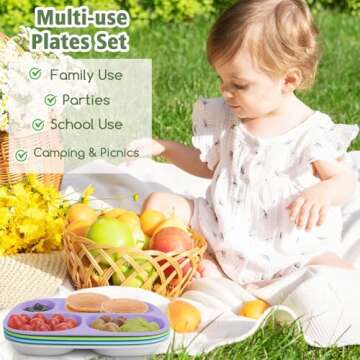 shopwithgreen Bamboo Divided Plates for Kids Adults - Dinnerware Set for Toddlers Kids Children Baby, Toddler Dinner Plates, BPA Free, Stackable, Dishwasher Safe, 9.4 inch, Set of 4