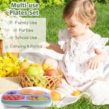 shopwithgreen Bamboo Divided Plates for Kids Adults - Dinnerware Set for Toddlers Kids Children Baby, Toddler Dinner Plates, BPA Free, Stackable, Dishwasher Safe, 9.4 inch, Set of 4