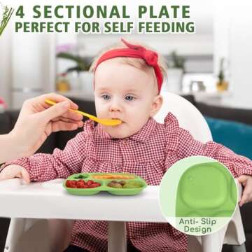 shopwithgreen Bamboo Divided Plates for Kids Adults - Dinnerware Set for Toddlers Kids Children Baby, Toddler Dinner Plates, BPA Free, Stackable, Dishwasher Safe, 9.4 inch, Set of 4