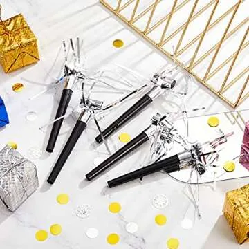 18 Pieces Silver Party Squawkers Silver Party Blower Metallic Noisemakers Graduation Blowouts Whistles Fringed Noise Maker Gold Musical Blowout for New Year Party Birthday Baby Shower Graduation Party