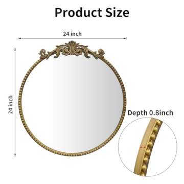 YIDIE Round Mirror, 24''Baroque Style Circle Mirror Vintage Gold Metal Frame Wall Mirrors for Vanity, Bathroom or Bedroom