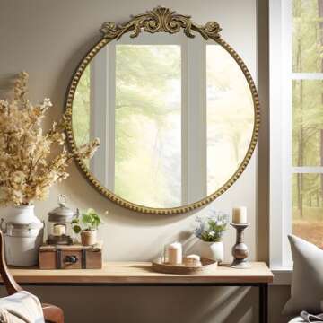 YIDIE Round Mirror, 24''Baroque Style Circle Mirror Vintage Gold Metal Frame Wall Mirrors for Vanity, Bathroom or Bedroom