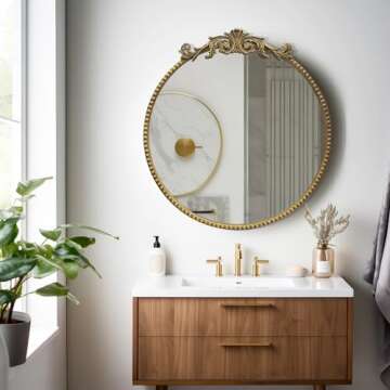 YIDIE Round Mirror, 24''Baroque Style Circle Mirror Vintage Gold Metal Frame Wall Mirrors for Vanity, Bathroom or Bedroom