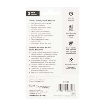 Tombow 57330 MONO Black Eraser, Medium, 3-Pack. Cleanly Removes Marks Without Damaging Paper