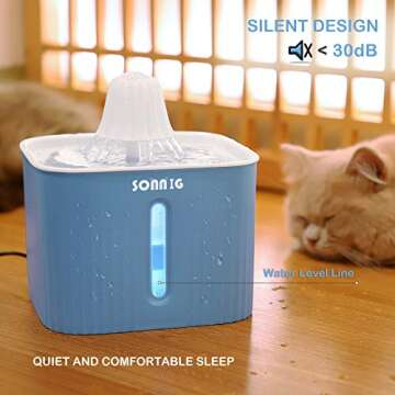Cat Water Fountain Bowl, SONNIG Pet Drinking Dispenser 2.5L Super Quiet Dog Watering Fountains with LED Light Water Level Window and 3PCS Carbon Filters for Dogs, Cats, Birds and Small Animals，Blue