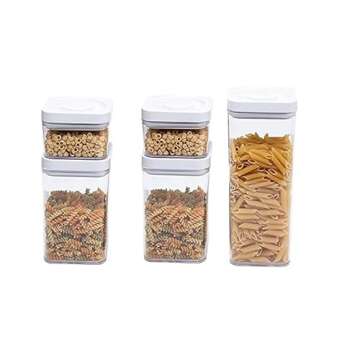 Amazon Basics 5-Piece Square Airtight Food Storage Containers for Kitchen Pantry Organization, BPA Free Plastic, Clear, White