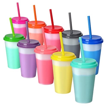 Plastic Kids Cups with Lids and Straws - 10 Pack 12 oz Reusable Tumbler with Straw | Color Changing ...