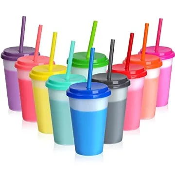 Color Changing Plastic Kids Cups with Straws - 10 Pack