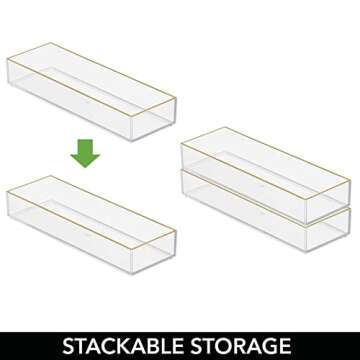 mDesign Slim Plastic Drawer Organizer, Storage Container for Cosmetics, Makeup, and Accessories on Bathroom Vanity, Countertop, or Cabinet - Lumiere Collection - 6 Pack - Clear/Soft Brass