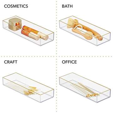 mDesign Slim Plastic Drawer Organizer, Storage Container for Cosmetics, Makeup, and Accessories on Bathroom Vanity, Countertop, or Cabinet - Lumiere Collection - 6 Pack - Clear/Soft Brass