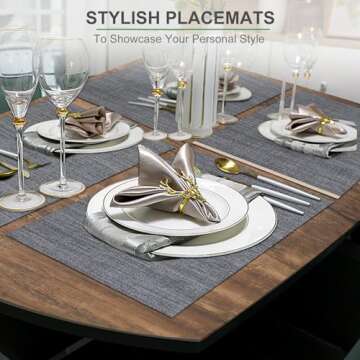 BETEAM Placemats Set of 6 Woven Vinyl Placemat for Dining Table Washable Wipeable Kitchen Place Mats Durable Indoor Outdoor Table Mats -01 Grey, 6 Pcs