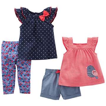 Simple Joys by Carter's Baby Girls' 4-Piece Playwear Set, Navy/Red, Dots/Stripe/Bird, 24 Months