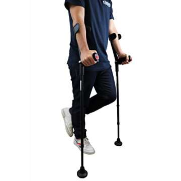 KMINA - Forearm Crutches for Adults (x2 Units, Open Cuff), Adjustable Handle Pad, Aluminum, Black - Made in Europe