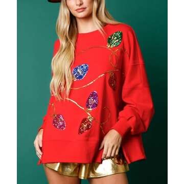 Creaion Women Sequin Party Graphic Fashion Shirt Oversized Long Sleeve Sweatshirt Side Slit Sparkly T Shirts Jumper Tops
