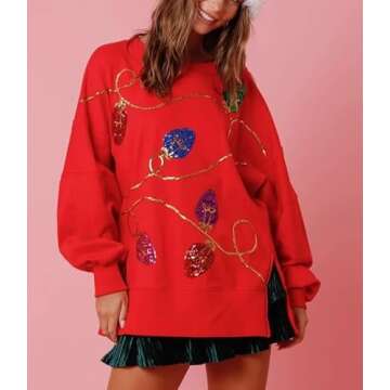 Creaion Women Sequin Party Graphic Fashion Shirt Oversized Long Sleeve Sweatshirt Side Slit Sparkly T Shirts Jumper Tops