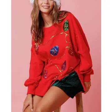 Creaion Women Sequin Party Graphic Fashion Shirt Oversized Long Sleeve Sweatshirt Side Slit Sparkly T Shirts Jumper Tops