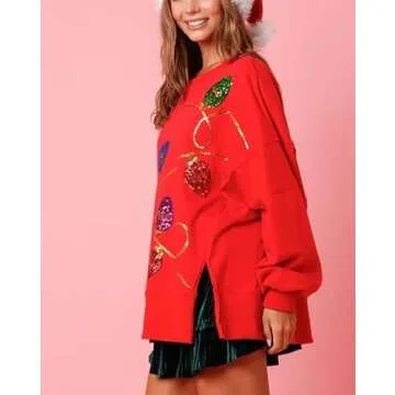 Creaion Women Sequin Party Graphic Fashion Shirt Oversized Long Sleeve Sweatshirt Side Slit Sparkly T Shirts Jumper Tops