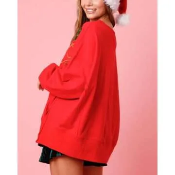 Creaion Women Sequin Party Graphic Fashion Shirt Oversized Long Sleeve Sweatshirt Side Slit Sparkly T Shirts Jumper Tops