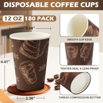Huifany 12 oz Coffee Cups 180 Pack for Hot and Cold Drinks