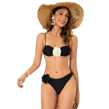 OYOANGLE Women's 2 Piece 3D Rose Bikini Swimsuit Spaghetti Strap High Waisted Bathing Suit Beachwear Black Small