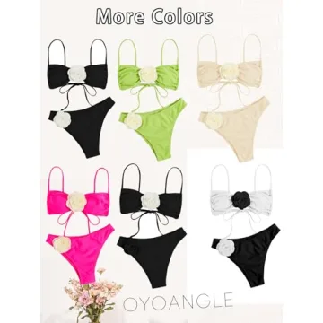 OYOANGLE Women's 2 Piece 3D Rose Bikini Swimsuit Spaghetti Strap High Waisted Bathing Suit Beachwear Black Small