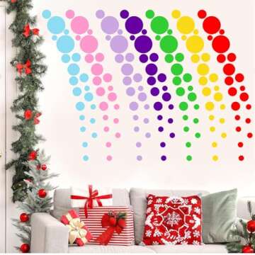 Christmas Wall Decals Polka Dots Wall Decals (154 Dots) Vinyl Wall Sticker Xmas Dots Wall Decals Indoor Rainbow Christmas Circle Wall Stickers for Living Room Decor Primary Colors Peel and Stick Decal