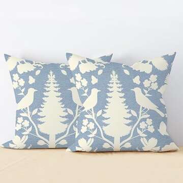 MangGou Sky Blue and Ivory Bird Flower Cushion Cover Chinoiserie Botanicals and Bird Pillow Covers Chinoiserie Chic Throw Pillowcase Double Side Print Pillow for Sofa 22x22in White Linen