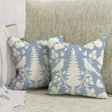 MangGou Sky Blue and Ivory Bird Flower Cushion Cover Chinoiserie Botanicals and Bird Pillow Covers Chinoiserie Chic Throw Pillowcase Double Side Print Pillow for Sofa 22x22in White Linen