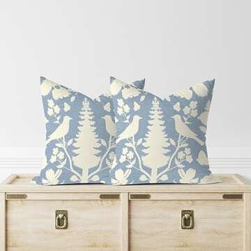 MangGou Sky Blue and Ivory Bird Flower Cushion Cover Chinoiserie Botanicals and Bird Pillow Covers Chinoiserie Chic Throw Pillowcase Double Side Print Pillow for Sofa 22x22in White Linen