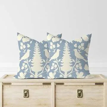 MangGou Sky Blue and Ivory Bird Flower Cushion Cover Chinoiserie Botanicals and Bird Pillow Covers Chinoiserie Chic Throw Pillowcase Double Side Print Pillow for Sofa 22x22in White Linen