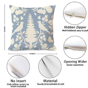 MangGou Sky Blue and Ivory Bird Flower Cushion Cover Chinoiserie Botanicals and Bird Pillow Covers Chinoiserie Chic Throw Pillowcase Double Side Print Pillow for Sofa 22x22in White Linen