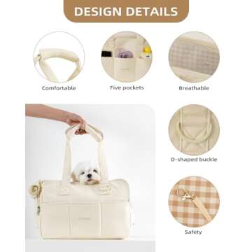 ONECUTE Dog Carrier for Small Dogs Rabbit cat with Large Pockets, Cotton Bag, Dog Carrier Soft Sided, Collapsible Travel Puppy Carrier (Beige, 17" L x 7.5" W x 12" H)