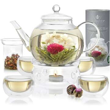 Teabloom 40 OZ Glass Teapot & Flowering Teas Set