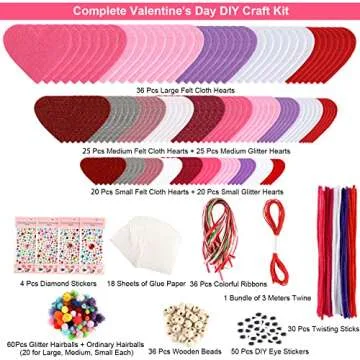 Valentines Day Crafts for Kids - 361PCS DIY Valentines Heart Craft Set for School Gift, 108 Hearts, 50 Googly Eyes, 60 Pom Poms, 36 Wooden Beads, Craft Supplies for Valentines Party Favor Decoration