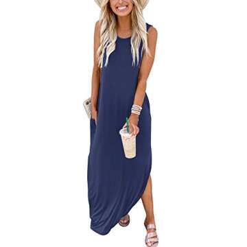 ANRABESS Women Casual Loose Sundress Sleeveless Split Maxi Long Beach Shirt Dress Travel Vacation 2025 Summer Outfits Blue Large