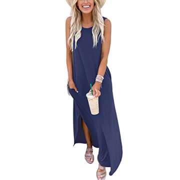 ANRABESS Women Casual Loose Sundress Sleeveless Split Maxi Long Beach Shirt Dress Travel Vacation 2025 Summer Outfits Blue Large