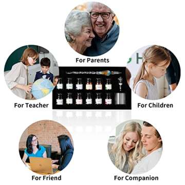 ESSSHOP Glass Dip Pen Calligraphy Fountain Pen Set - 12 Colors Ink Glass Washing Cup Pen Holder Handmade Rainbow Crystal Glass Ink Pen for Art Writing Drawing Signatures Christmas Gifts