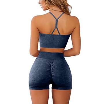 QINSEN Butt Lifting Shorts for Women GMY Exercise 2 Piece Sport Bra Tummy Control Booty Shorts Sets Dark Blue S
