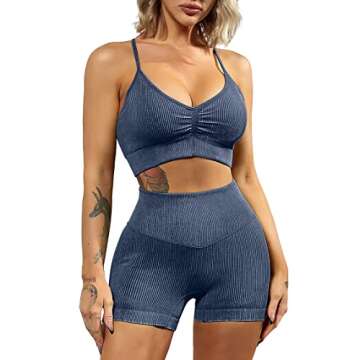 QINSEN Butt Lifting Shorts for Women GMY Exercise 2 Piece Sport Bra Tummy Control Booty Shorts Sets Dark Blue S