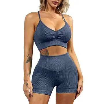 QINSEN Butt Lifting Shorts for Women GMY Exercise 2 Piece Sport Bra Tummy Control Booty Shorts Sets Dark Blue S