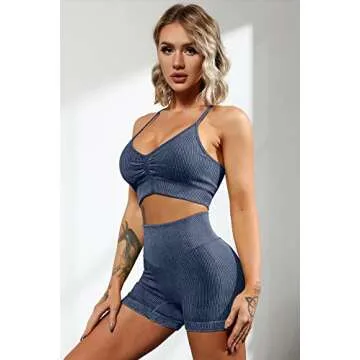 QINSEN Butt Lifting Shorts for Women GMY Exercise 2 Piece Sport Bra Tummy Control Booty Shorts Sets Dark Blue S