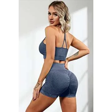 QINSEN Butt Lifting Shorts for Women GMY Exercise 2 Piece Sport Bra Tummy Control Booty Shorts Sets Dark Blue S