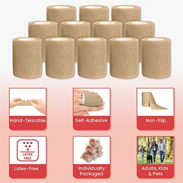 Ever Ready First Aid Self Adherent Cohesive Bandages 3" x 5 Yards - 12 Count, Tan