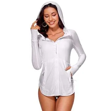 CRZ YOGA Womens UPF 50+ Zip Front Hoodie Long Sleeve Rash Guard - Quick Dry Lightweight UV Sun Protection Swim Shirts White Large