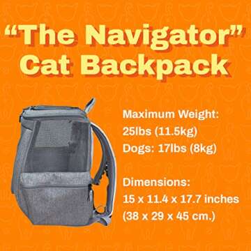 Travel Cat Navigator Carrier Bag - Premium Cat Backpacks for Carrying Cats, Travel, Hiking, Outdoor Use - Grey Mesh Backpacks for Small, Medium, Large Cats up to 25 LBS with Side Pockets, Zipper Clips