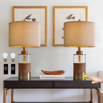 OYEARS 22" 3 Way Dimmable Touch Control USB A+C Table Lamp Retro Rattan Glass Lamp Metal Nightstand ...