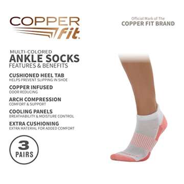 Copper Fit unisex adult Ankle Length Sport Socks, White/Multi, Small-Medium US
